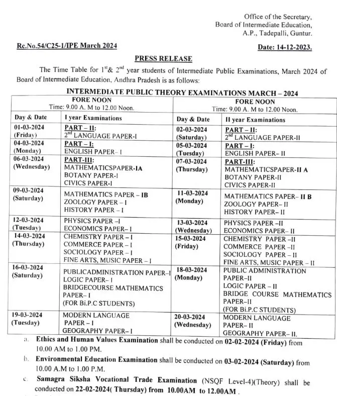 AP Inter 2nd year Time Table 2024 Manabadi Inter Exams